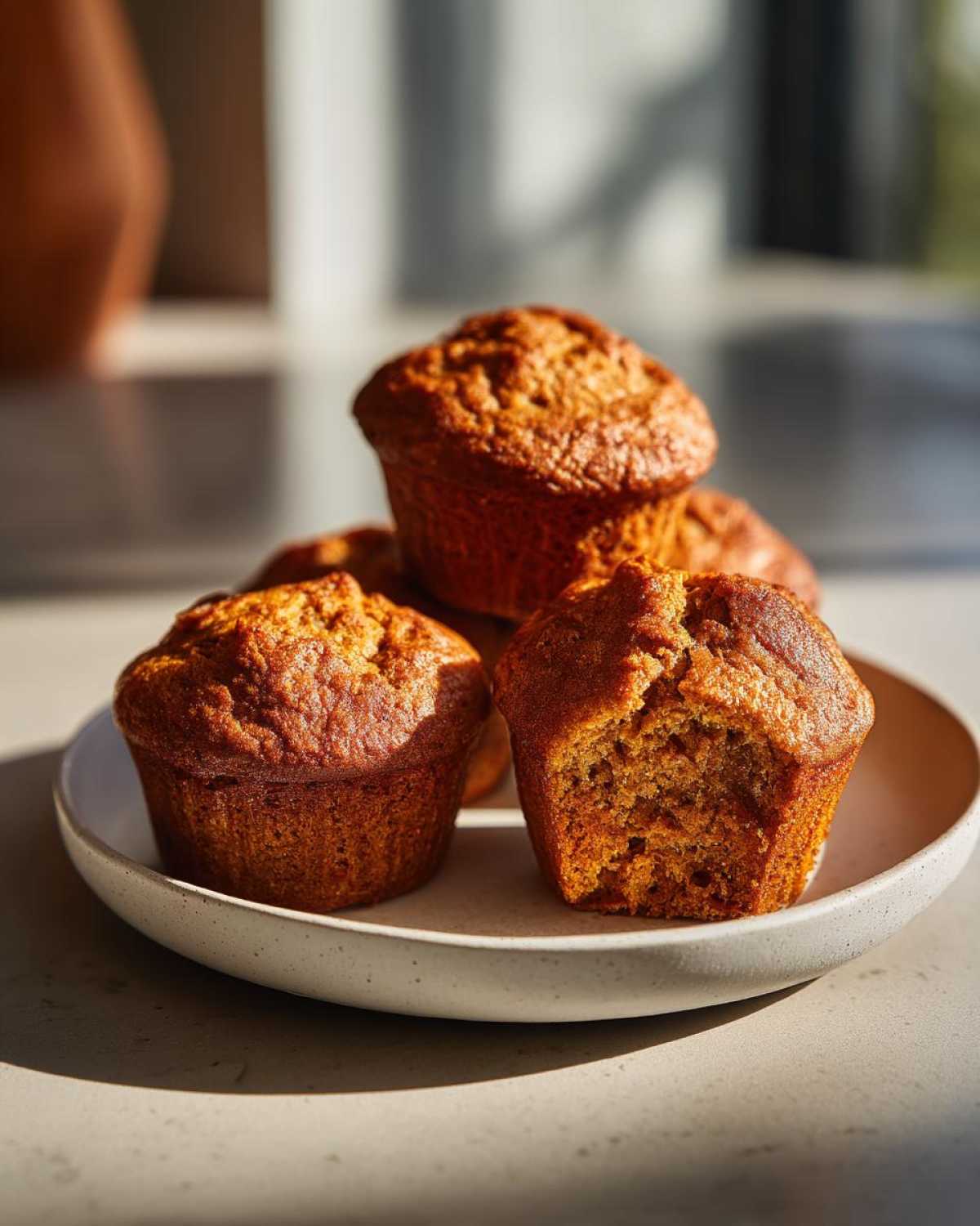 A stack of golden-brown banana protein muffins on a speckled plate, one muffin has a bite taken out.
