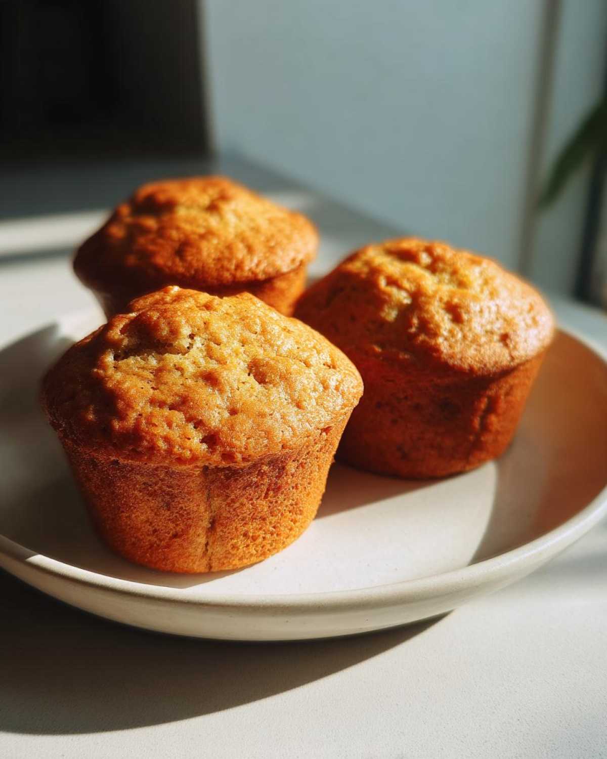 Three freshly baked banana protein muffins with golden tops resting on a light ceramic plate in bright sunlight.
