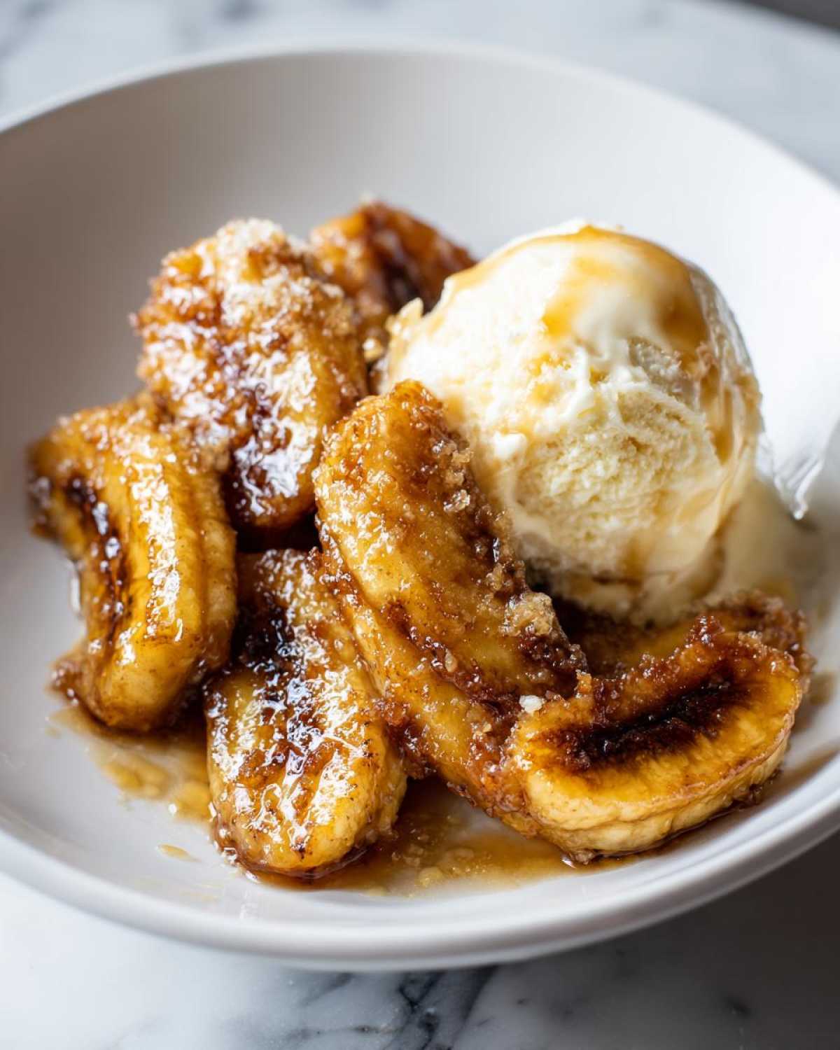 Close-up of caramelized bananas foster served warm with a scoop of melting vanilla ice cream in a white bowl.