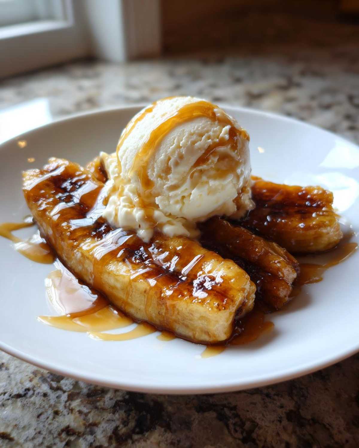 A serving of caramelized Bananas Foster topped with a scoop of vanilla ice cream and caramel sauce.