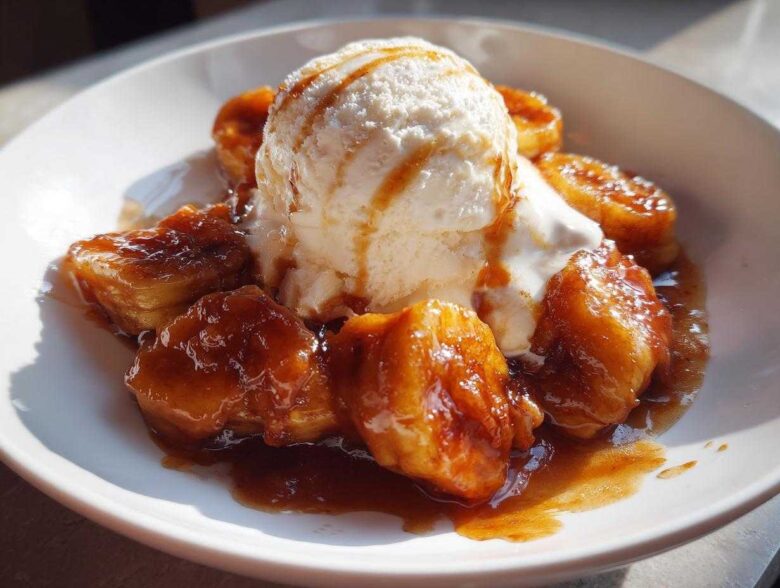 Close-up of Bananas Foster featuring caramelized bananas and a scoop of vanilla ice cream drizzled with sauce.