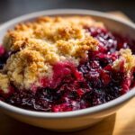 Close-up shot showing the golden, crumbly topping over the bubbling, dark red berry cobbler filling.