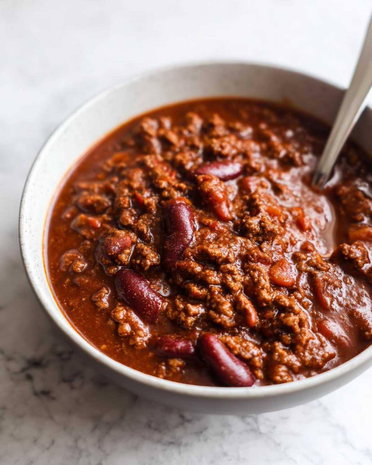 Close-up of a bowl filled with rich, thick best chili recipe featuring ground meat and dark red kidney beans.