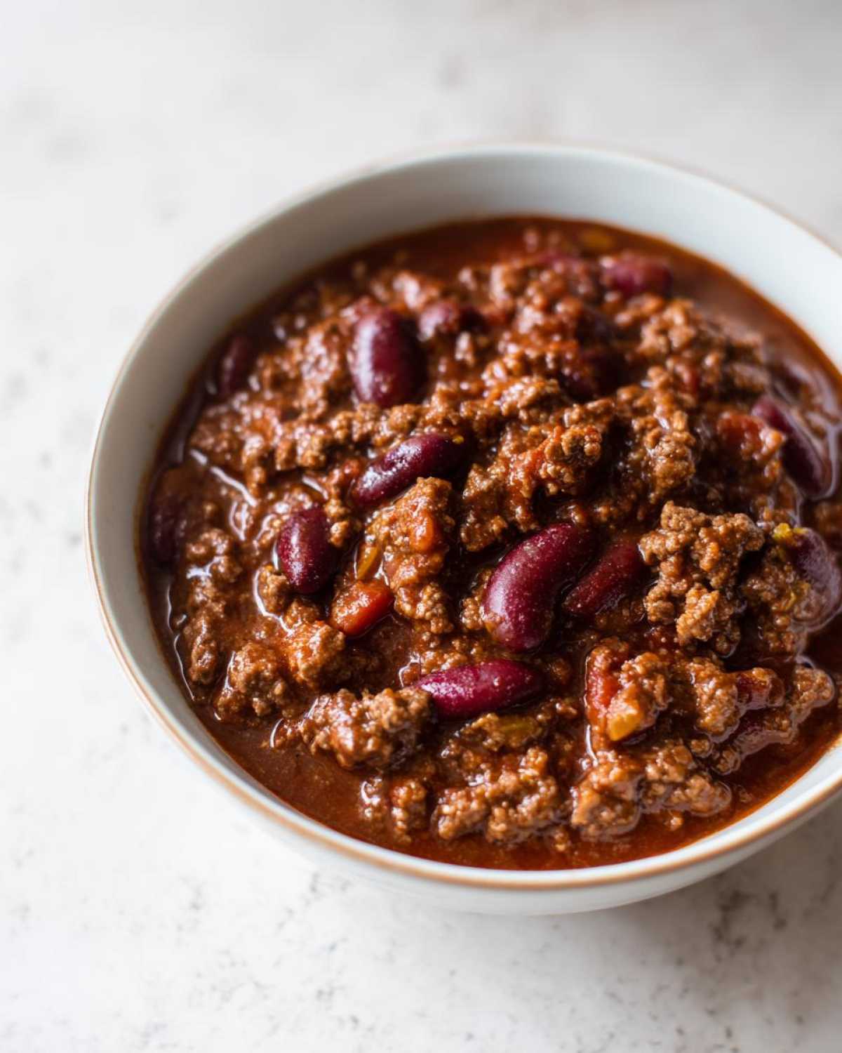 A close-up shot of a hearty bowl of the best chili recipe, featuring ground beef and dark red kidney beans in a rich sauce.