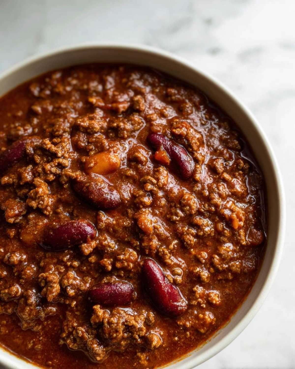 Close-up overhead view of a hearty bowl filled with the best chili recipe, featuring ground meat and dark red kidney beans in a thick sauce.
