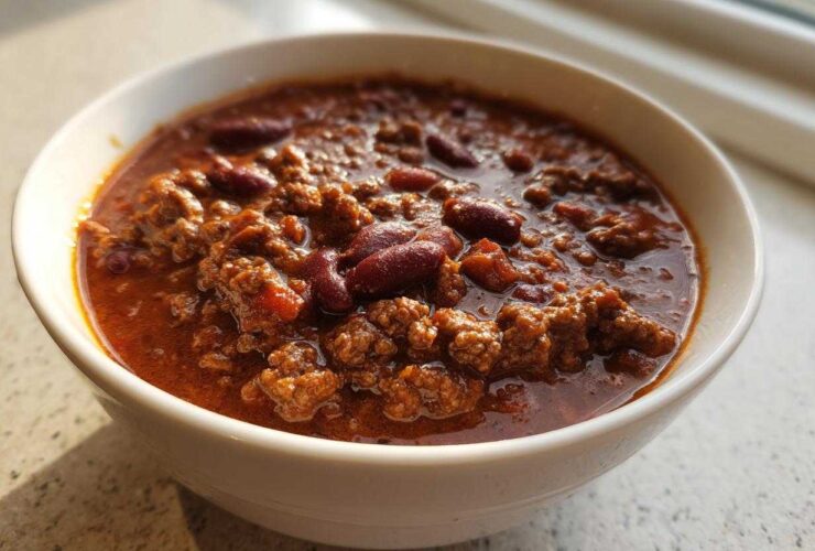 A close-up of a white bowl filled with rich, hearty best chili recipe featuring ground meat and kidney beans.