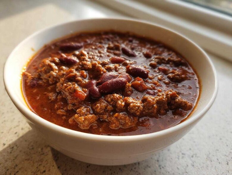 A close-up of a white bowl filled with rich, hearty best chili recipe featuring ground meat and kidney beans.