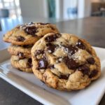 Close-up of thick, gooey chocolate chip cookies stacked on a white plate, sprinkled with flaky sea salt.