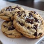 Three perfectly baked chocolate chip cookies stacked on a white plate, topped with flaky sea salt.