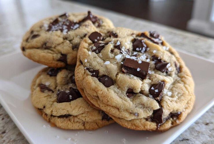 Three perfectly baked chocolate chip cookies stacked on a white plate, topped with flaky sea salt.