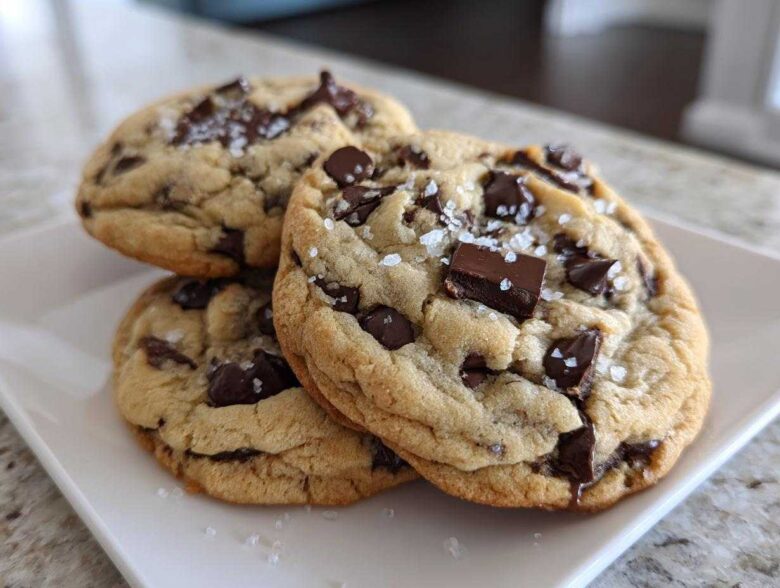 Three perfectly baked chocolate chip cookies stacked on a white plate, topped with flaky sea salt.