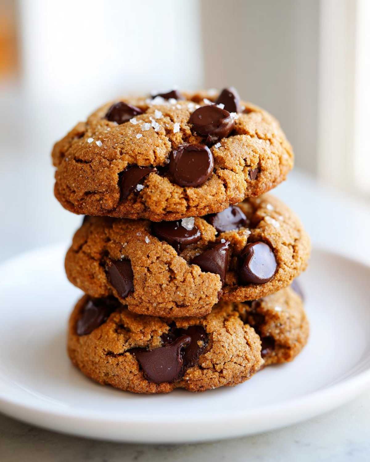 A stack of three thick, chewy chocolate chip cookies sprinkled with flaky sea salt.
