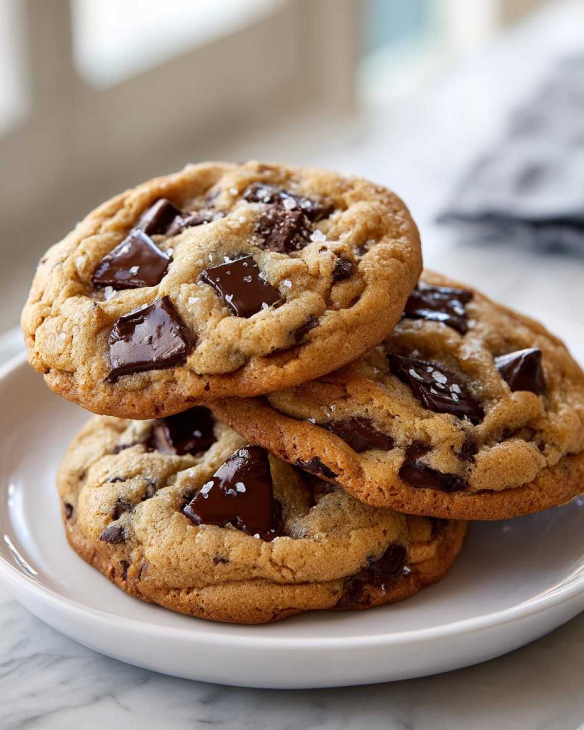 A stack of three perfectly baked, chewy chocolate chip cookies topped with melted chocolate chunks and flaky sea salt.