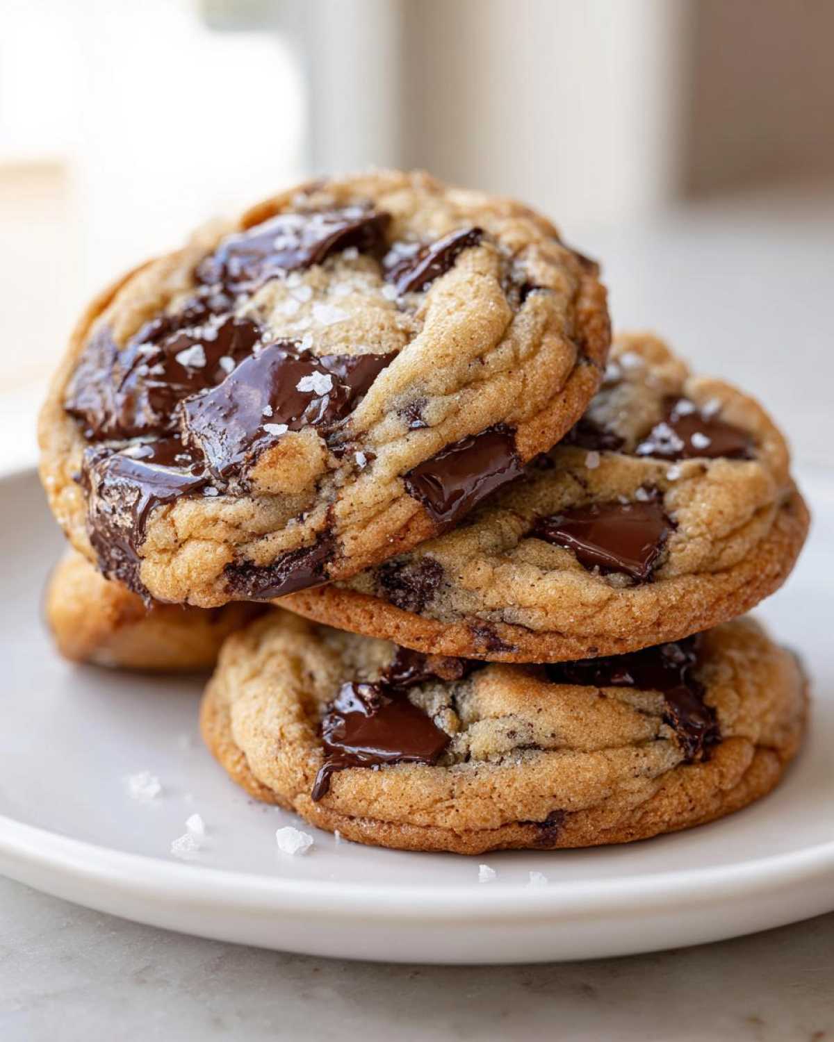 A stack of three thick, chewy chocolate chip cookies topped with melted chocolate chunks and flaky sea salt.