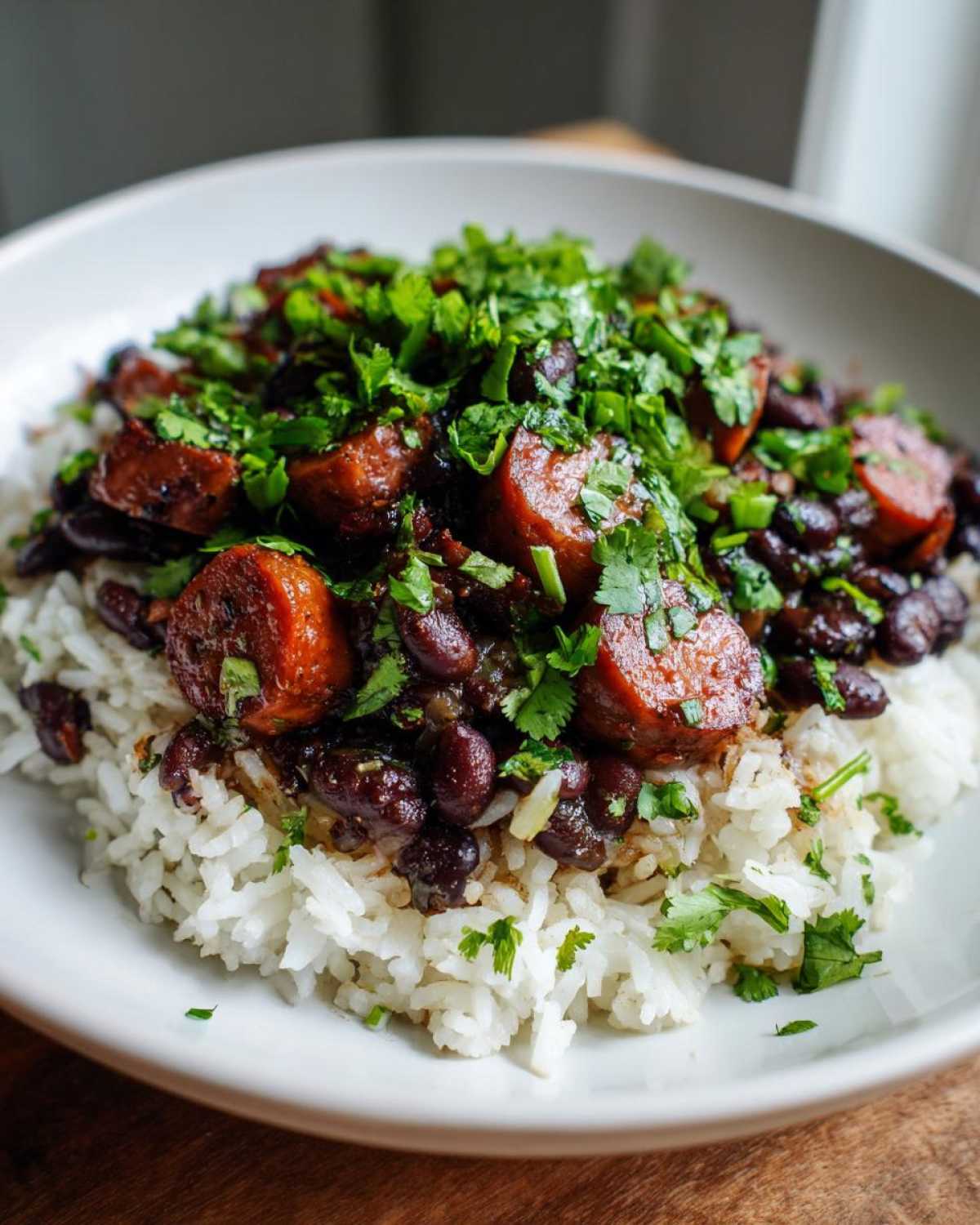 A close-up of flavorful black beans and rice topped with sliced sausage and fresh cilantro.