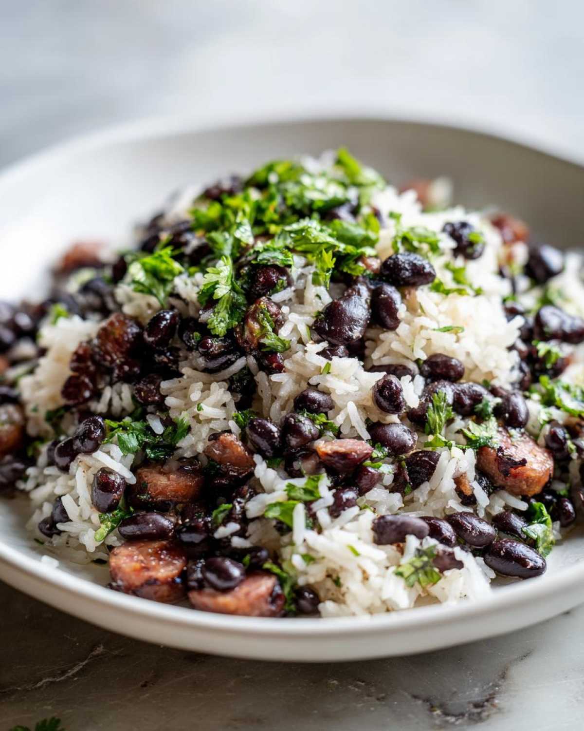 Close-up of a serving of black beans and rice mixed with sliced sausage and topped with fresh cilantro.