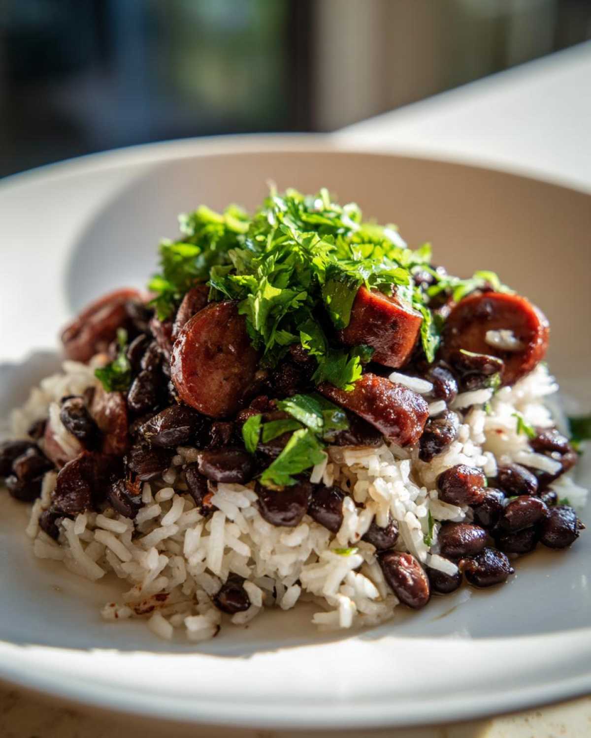 Close-up of black beans and rice topped with sliced smoked sausage and fresh cilantro.