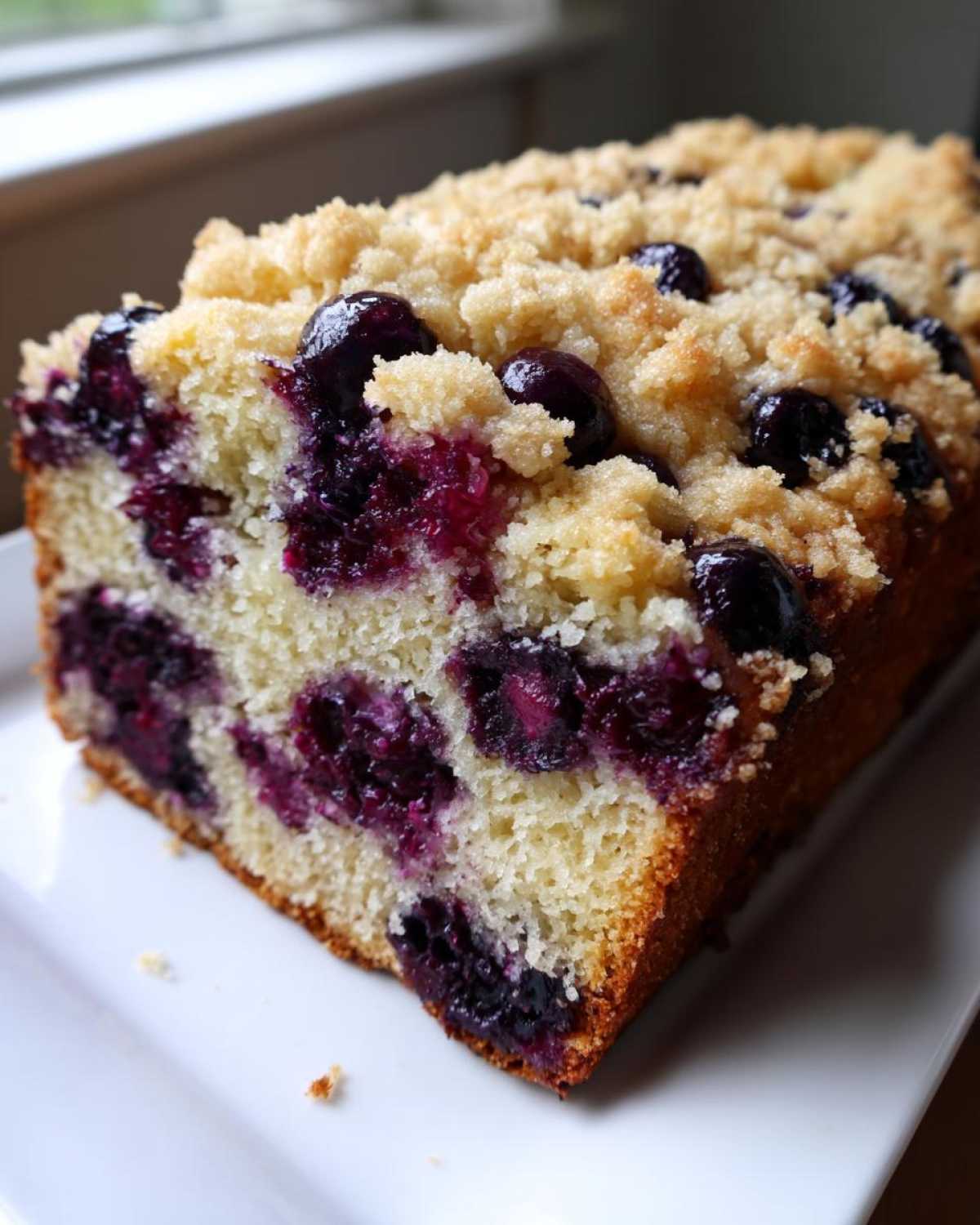 A close-up view of a slice of moist blueberry banana bread topped with a buttery crumb topping.