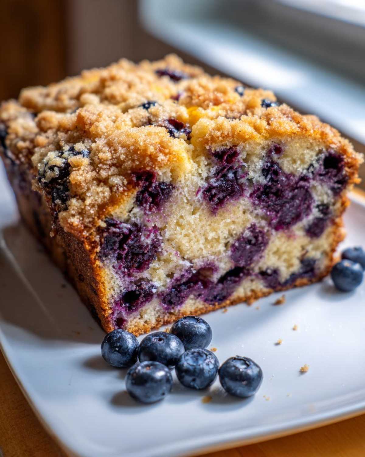 A close-up of a slice of blueberry banana bread featuring a golden crumb topping and rich purple blueberries throughout the moist interior.