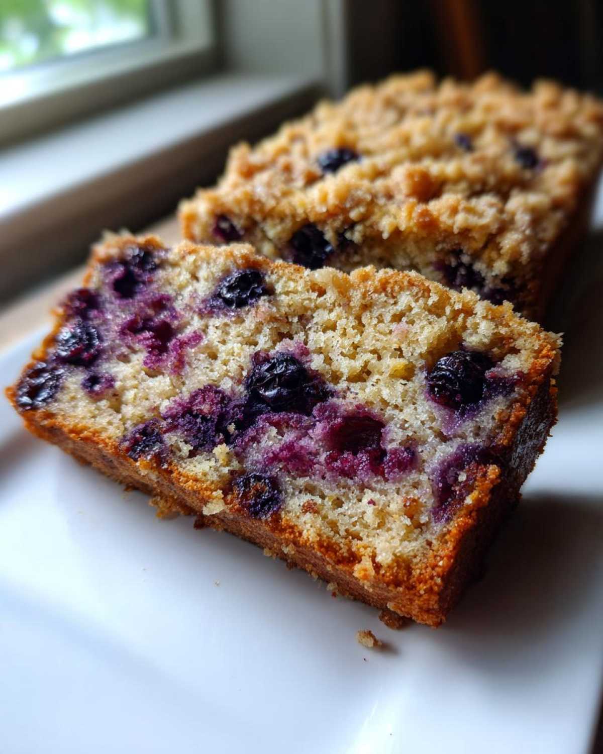 Close-up of a moist slice of blueberry banana bread showing purple blueberries and a crumbly streusel topping.