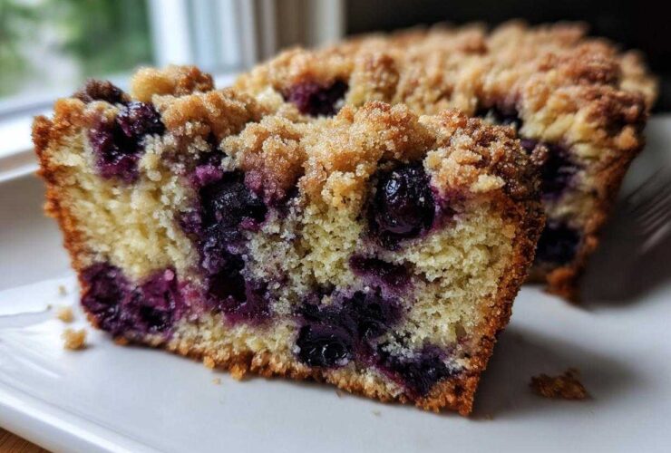 Close-up of a moist slice of blueberry banana bread featuring visible blueberries and a crumbly streusel topping.