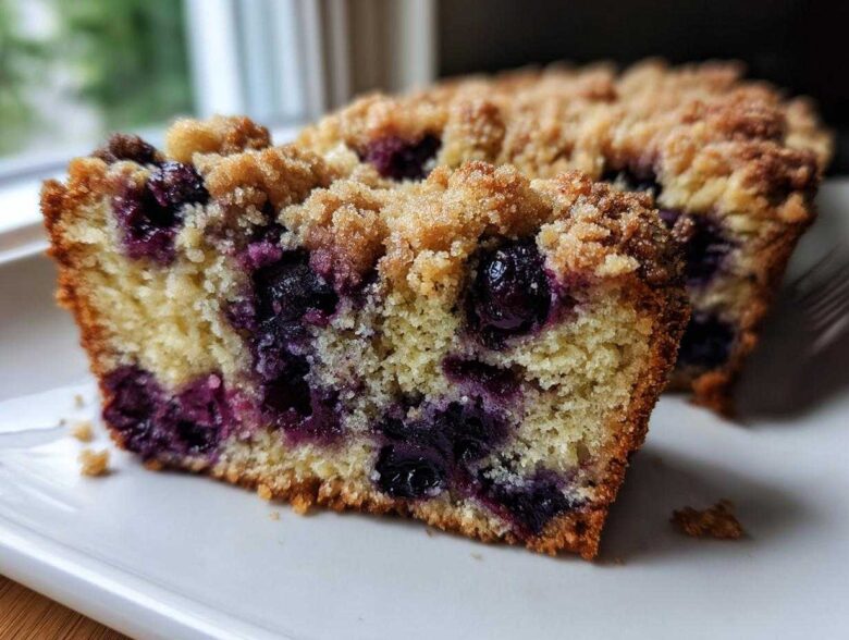 Close-up of a moist slice of blueberry banana bread featuring visible blueberries and a crumbly streusel topping.