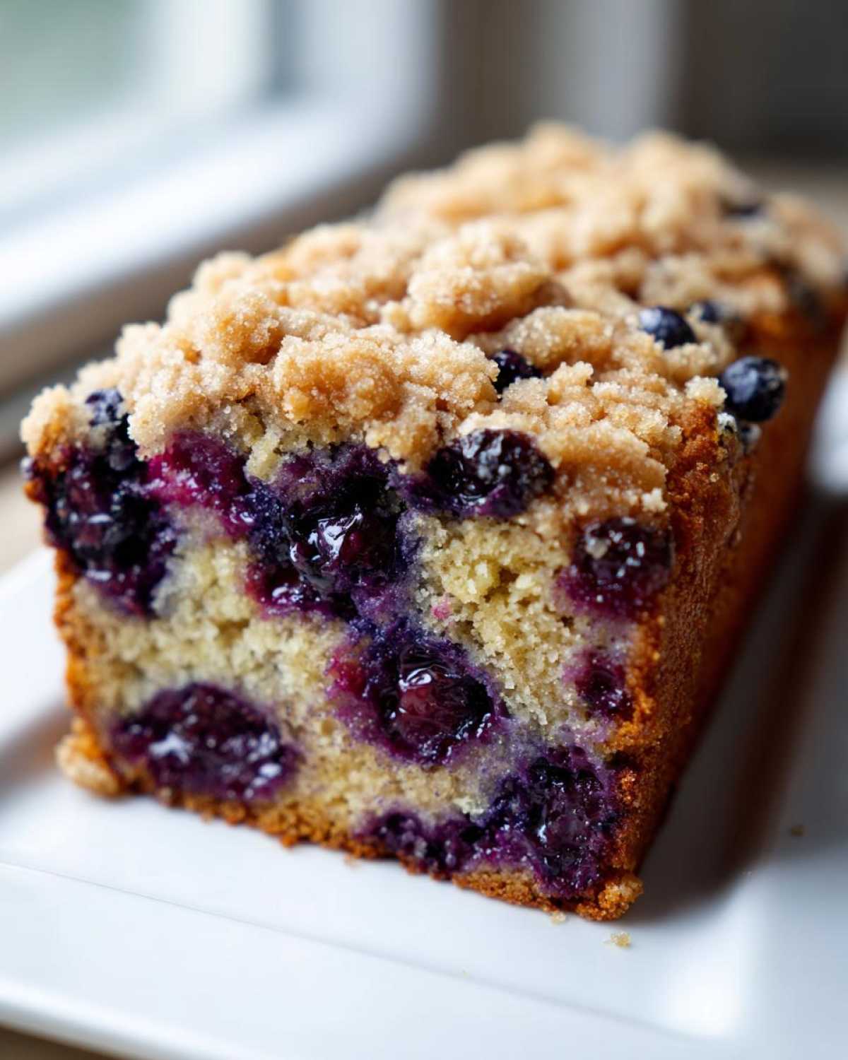 A close-up cross-section of moist blueberry banana bread topped with a thick, sugary streusel crumble.