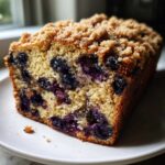 A moist slice of blueberry banana bread featuring visible blueberries and a crunchy brown sugar streusel topping.