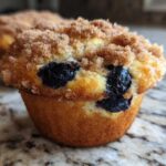 A close-up, appetizing shot of a golden blueberry muffin topped generously with cinnamon streusel sugar.
