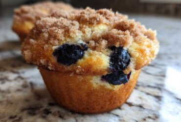 A close-up, appetizing shot of a golden blueberry muffin topped generously with cinnamon streusel sugar.