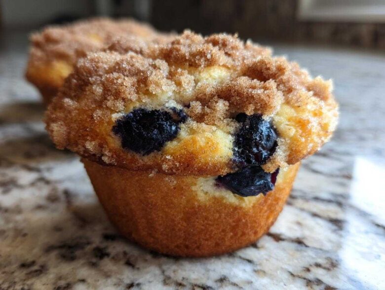 A close-up, appetizing shot of a golden blueberry muffin topped generously with cinnamon streusel sugar.