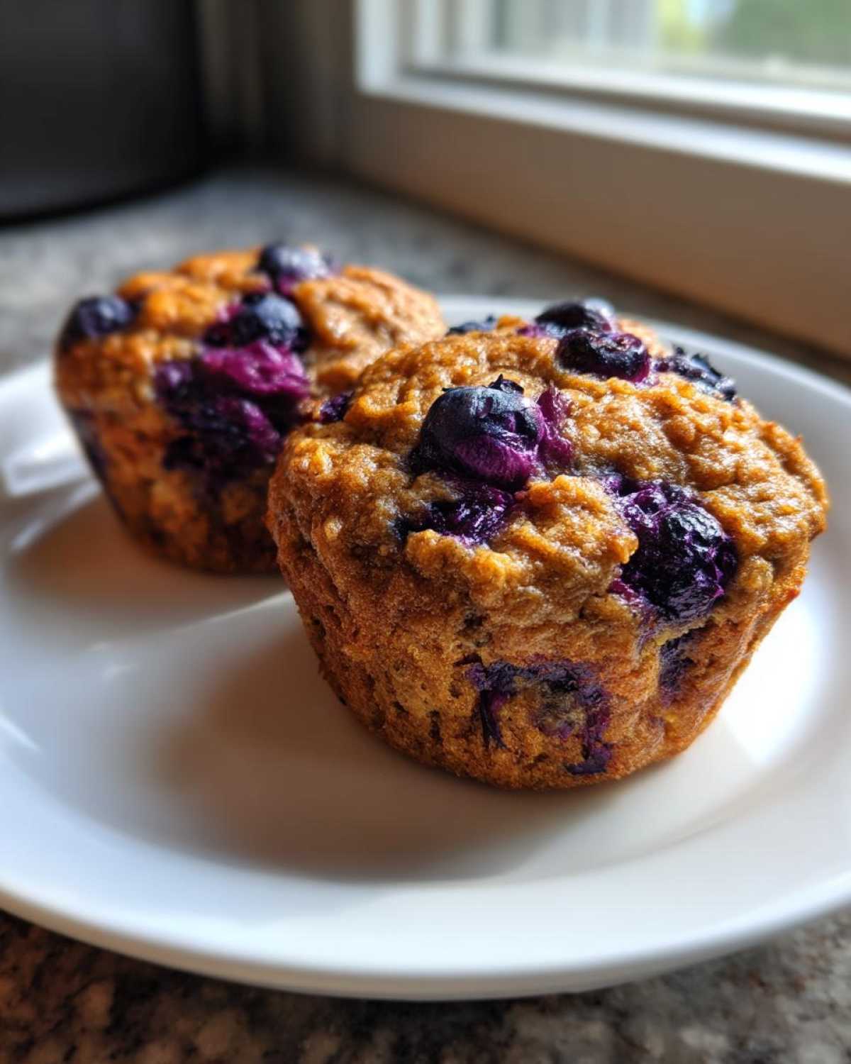 Two golden-brown blueberry protein muffins sitting on a white plate near a window.