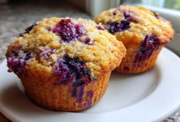 Two golden-brown blueberry protein muffins with streusel topping sitting on a white plate.