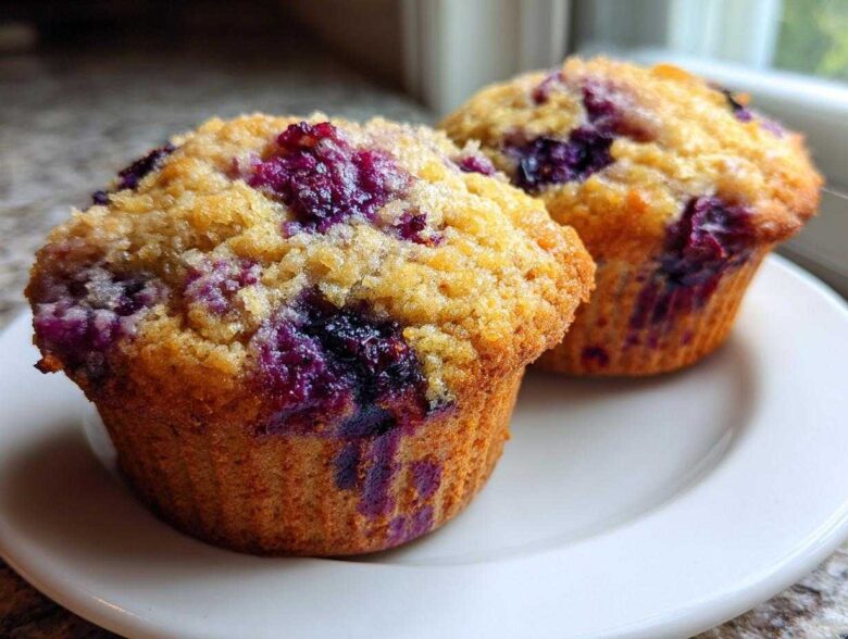 Two golden-brown blueberry protein muffins with streusel topping sitting on a white plate.