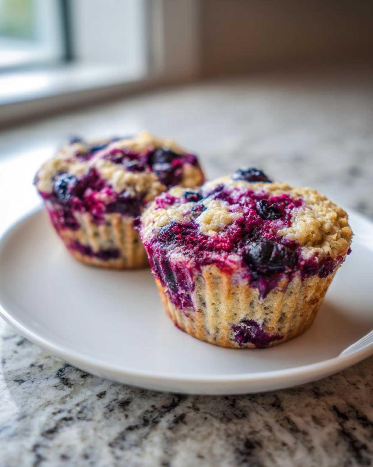 Two freshly baked blueberry protein muffins with a crumb topping sitting on a small white plate.