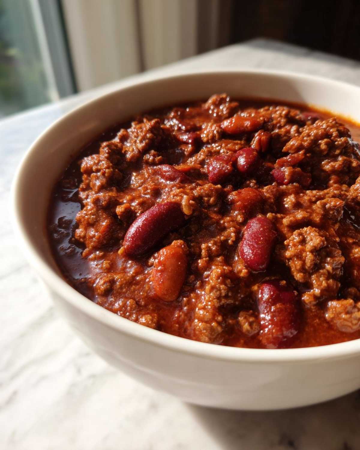 Close-up of a white bowl filled with hearty chili featuring ground meat and kidney beans, showcasing the best chili recipe.