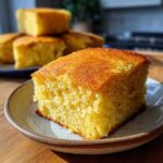A close-up of a square slice of moist, yellow buttermilk cornbread with a golden-brown top, served on a speckled plate.