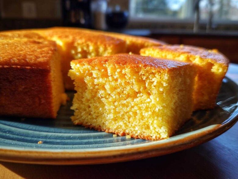 A close-up, sunlit shot of a square slice of fluffy buttermilk cornbread resting on a blue plate.