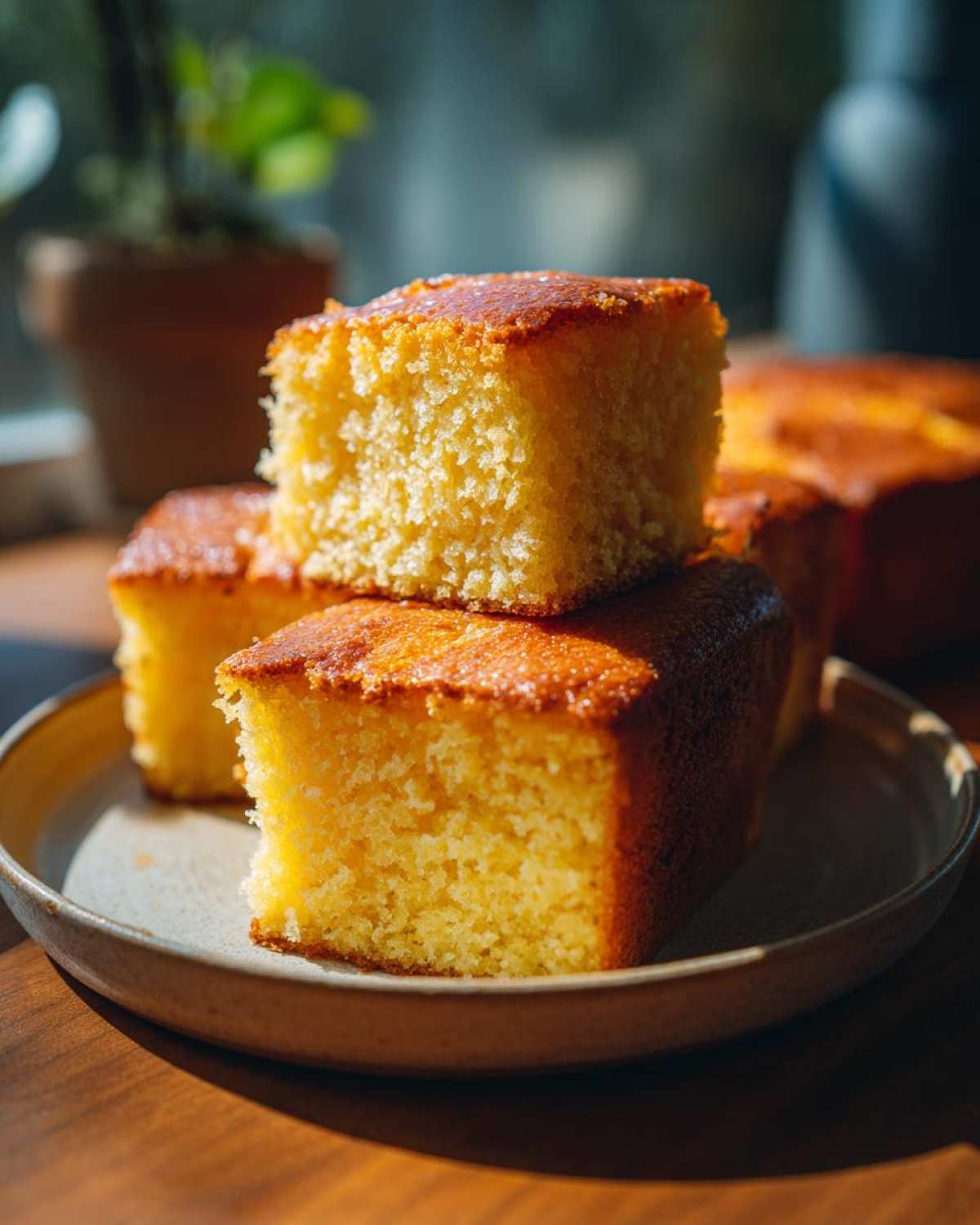 Three golden squares of moist buttermilk cornbread stacked on a rustic plate, highlighted by sunlight.