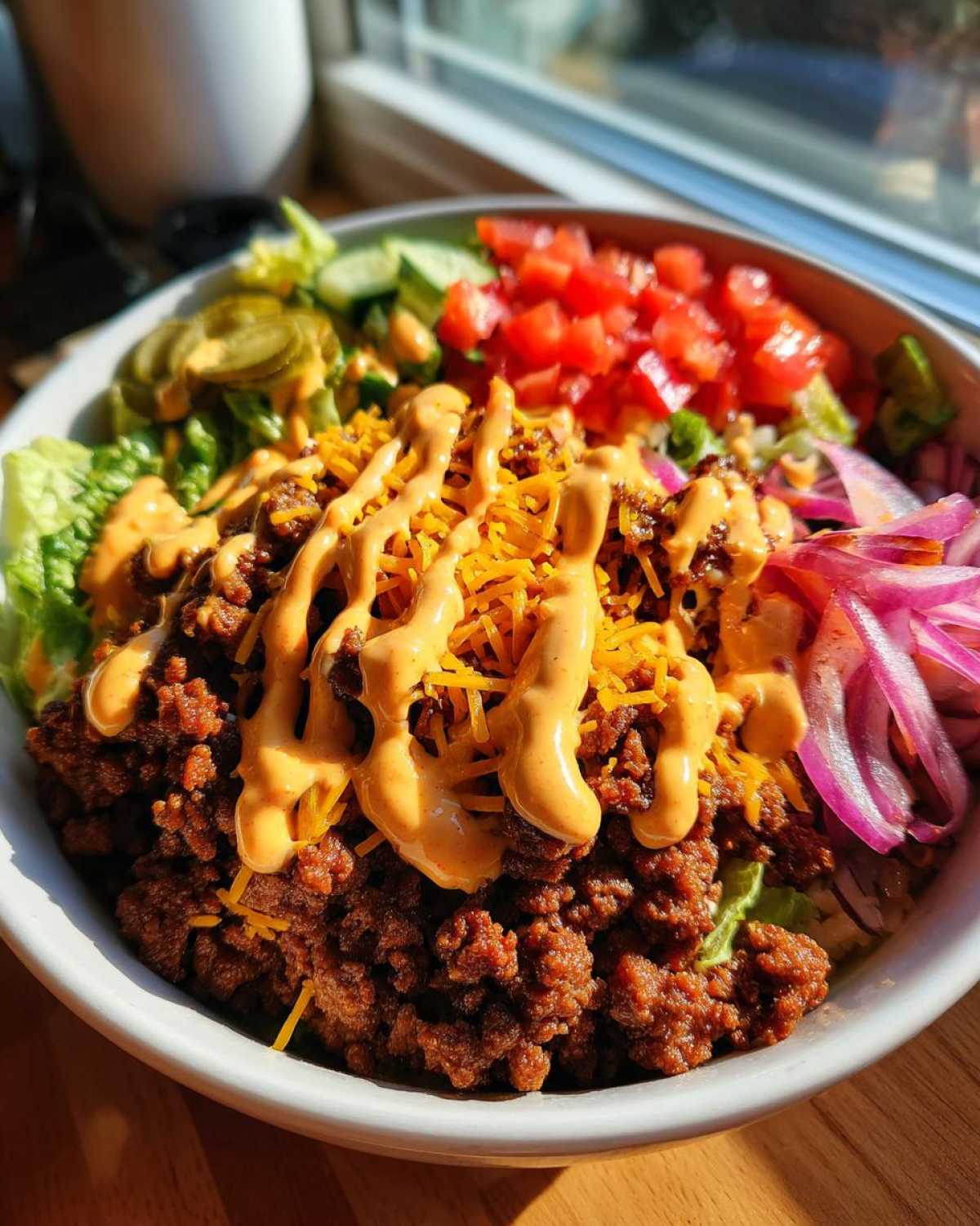A close-up of a hearty cheeseburger bowl featuring seasoned ground beef, shredded cheese, and a drizzle of special sauce.