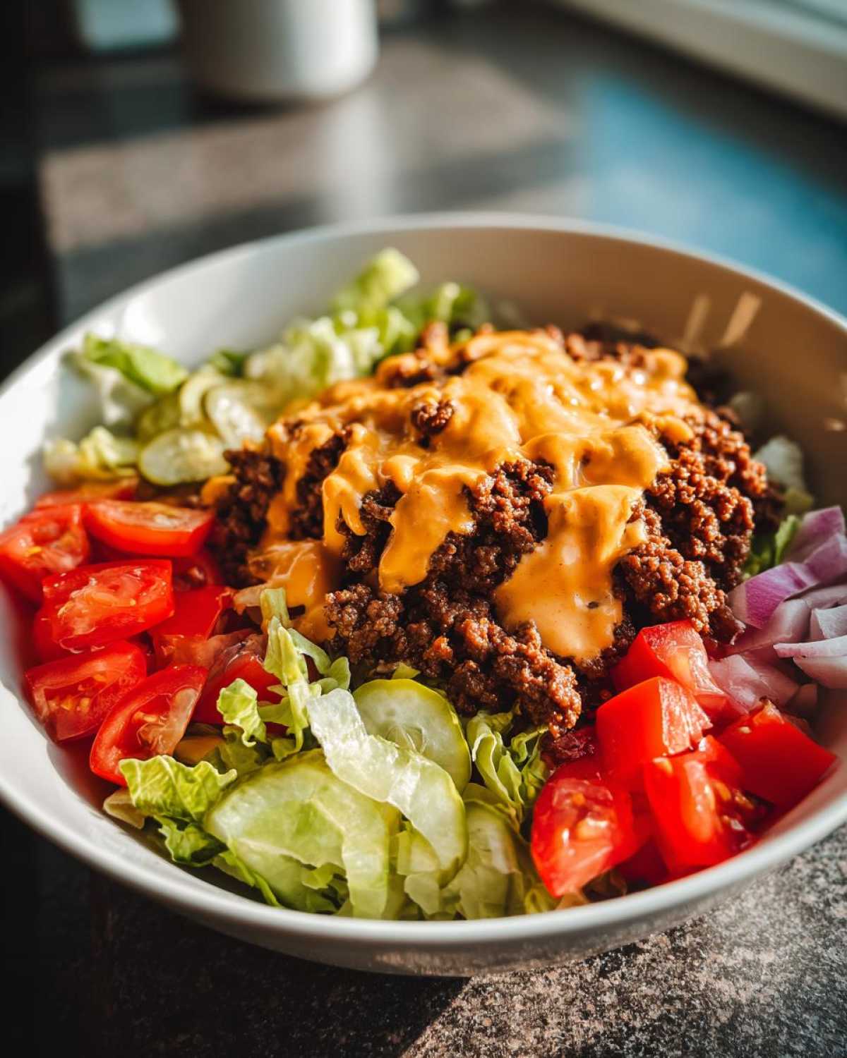 Close-up of a fresh cheeseburger bowl featuring seasoned ground beef topped with melted cheese sauce, surrounded by lettuce, tomatoes, pickles, and red onion.
