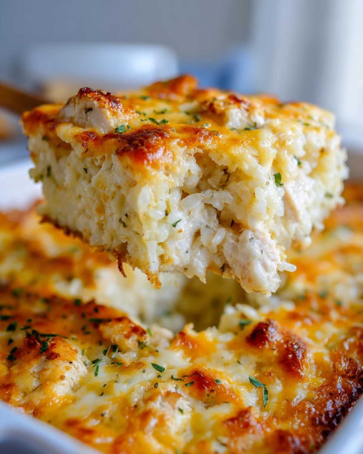 A scoop of creamy, cheesy chicken and rice casserole being lifted from the baking dish, showing melted cheese topping.