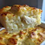 A fork lifts a square serving of creamy, baked cheesy chicken and rice with a golden-brown top.