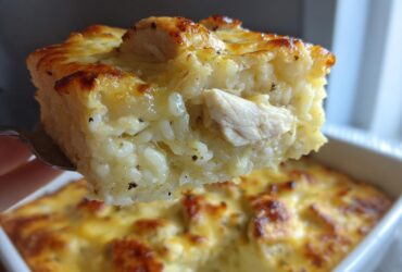 A fork lifts a square serving of creamy, baked cheesy chicken and rice with a golden-brown top.