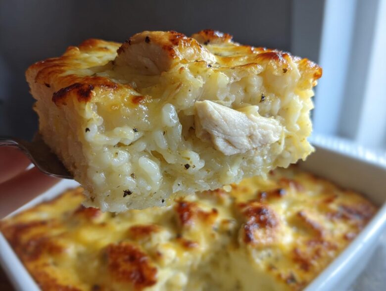 A fork lifts a square serving of creamy, baked cheesy chicken and rice with a golden-brown top.