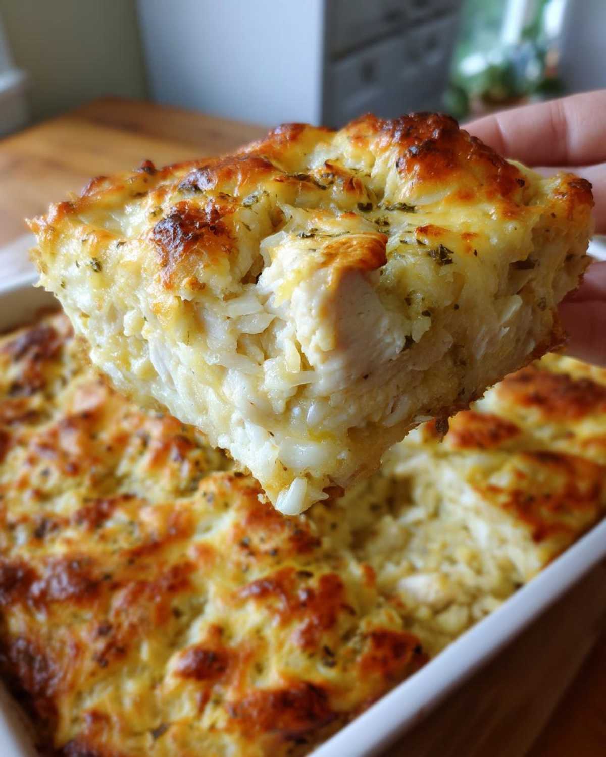 A hand lifts a thick, cheesy slice of cheesy chicken and rice casserole from the baking dish.