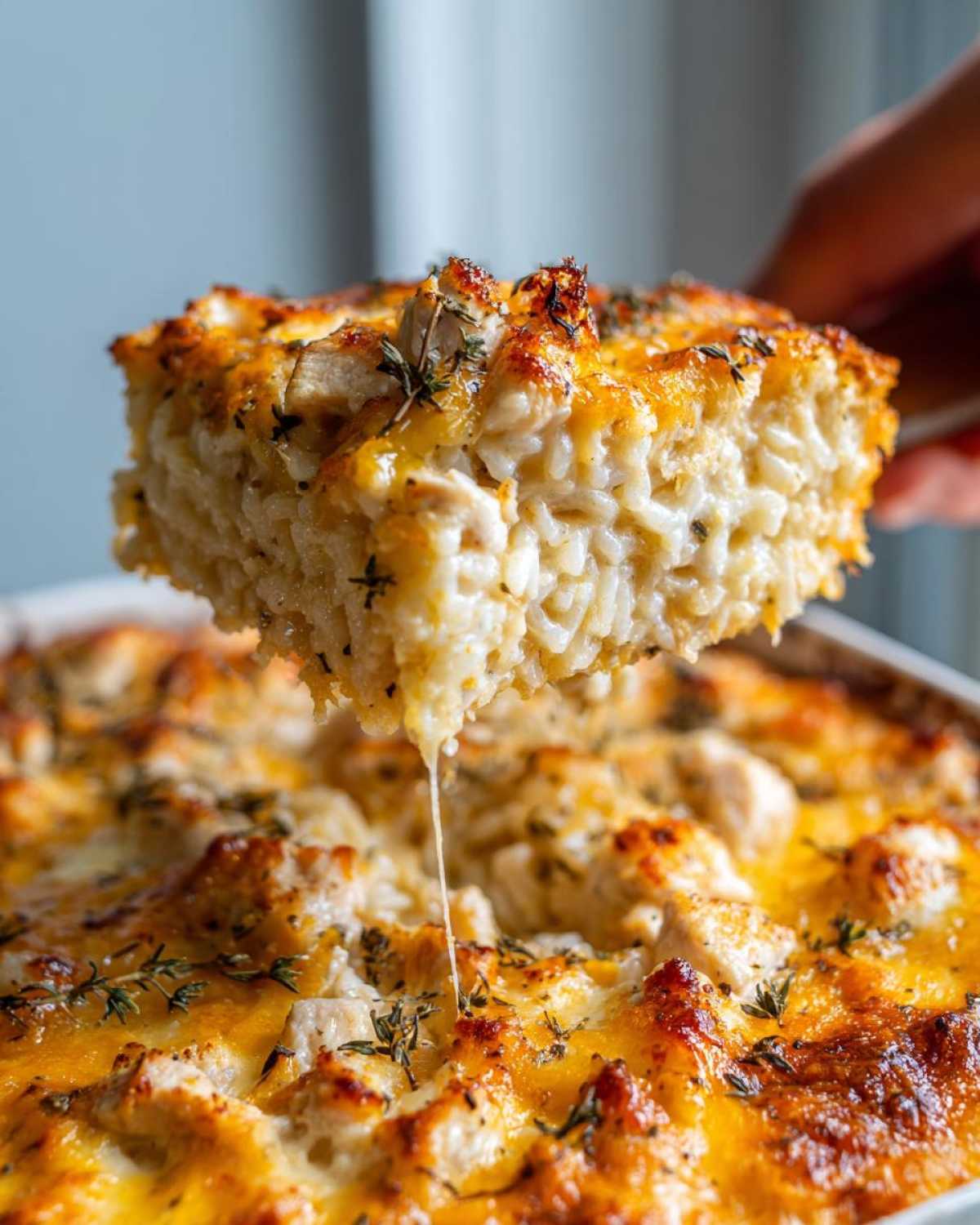 A hand lifts a square serving of cheesy chicken and rice casserole, showing a cheese pull.