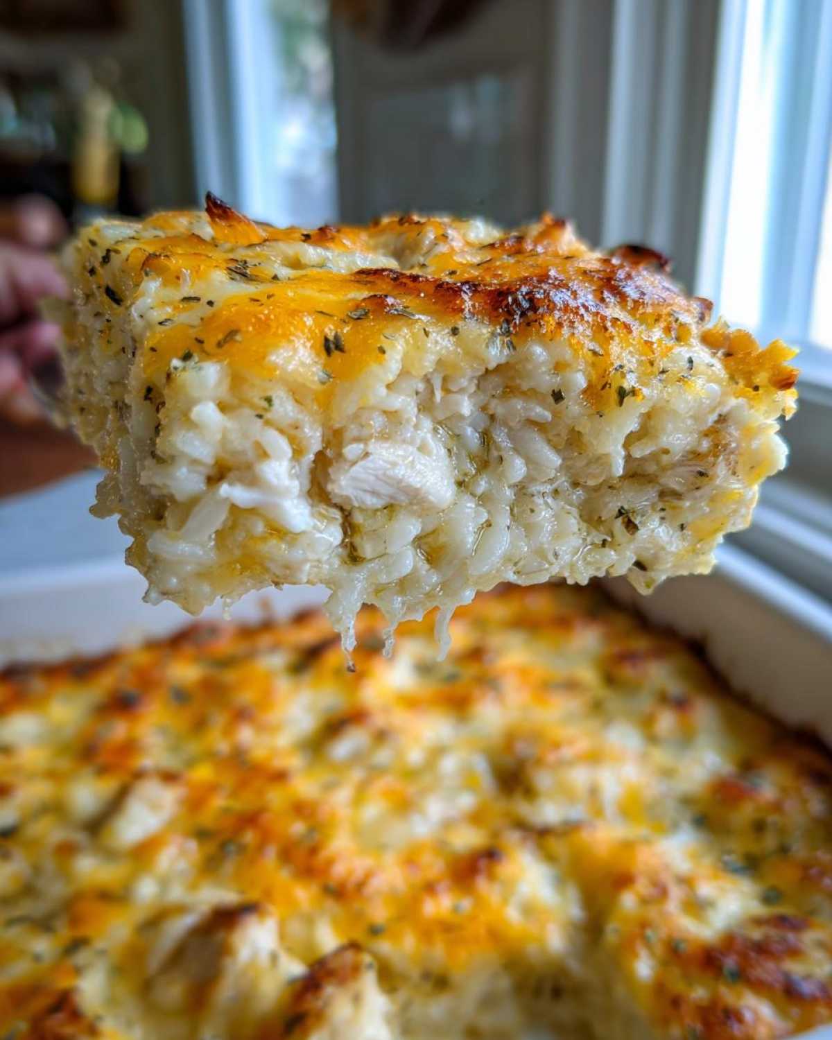A close-up of a gooey, cheesy chicken and rice serving being lifted from a baking dish.