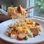 A fork lifts a cheesy bite of sausage and rice, showing long, stretchy cheese pulls over a plate of the one-pot sausage and rice dish.