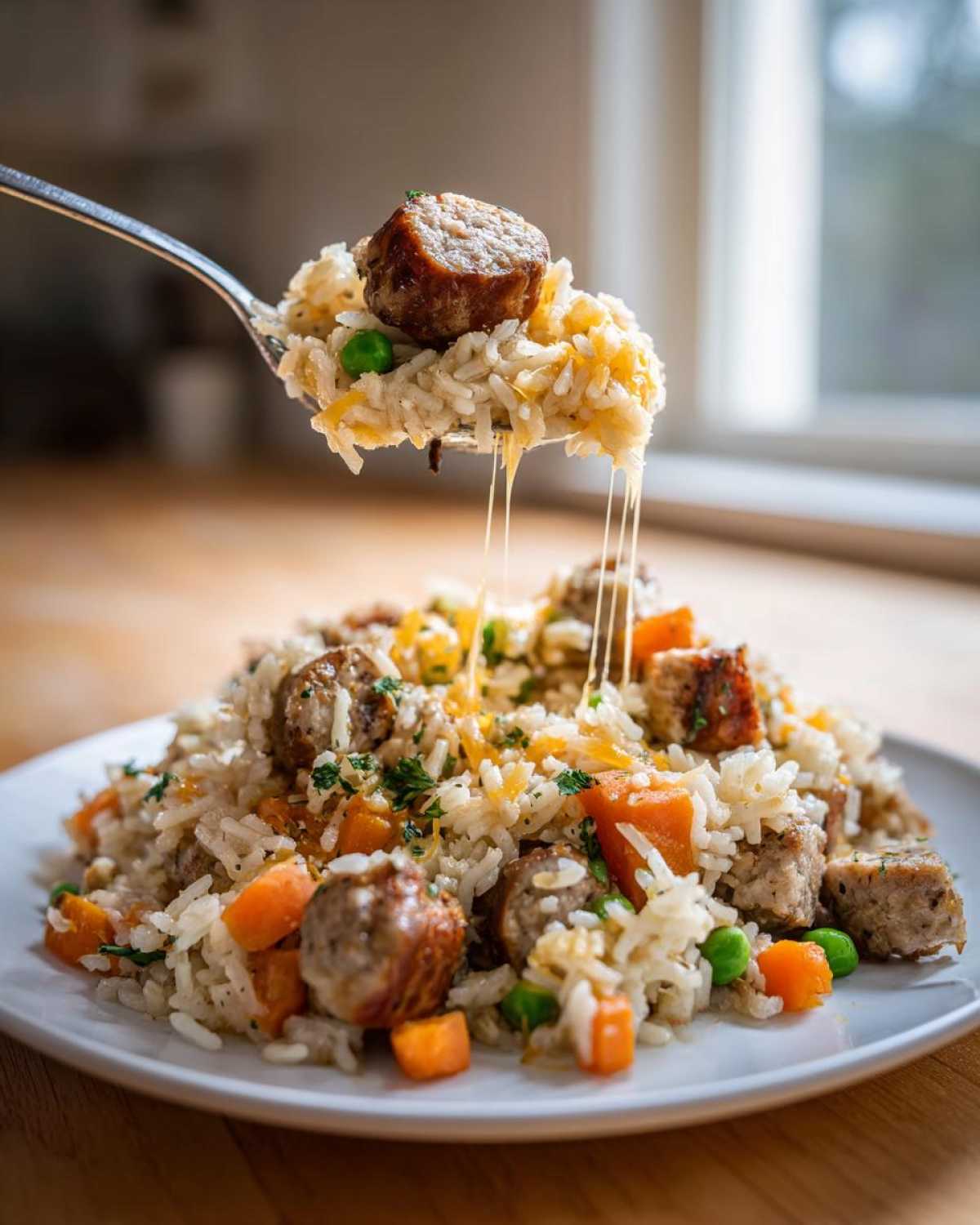 A spoonful of cheesy sausage and rice is lifted from a plate, showing melted cheese strings.